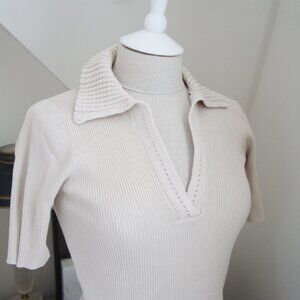 H by Halston Beige Ribbed V-Neck Collared Knit Sweater Shirt Size Small